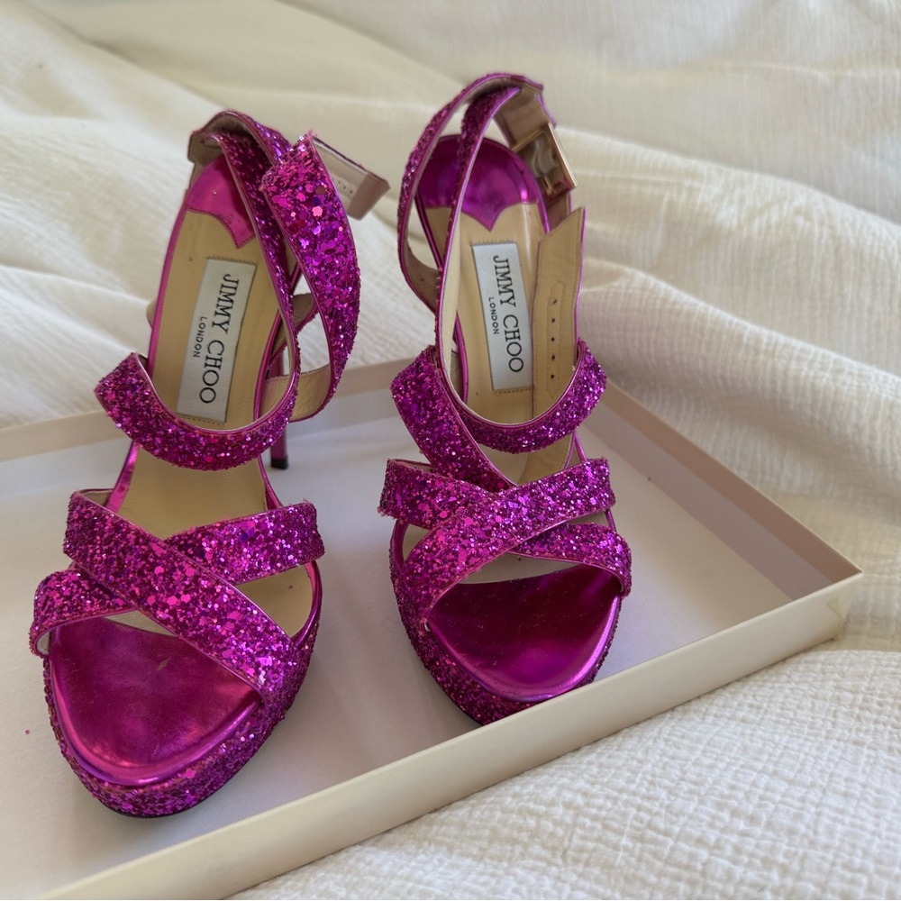 Jimmy Choo Vamp Orchid Glitter Strappy Heels